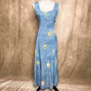 Vintage 90s Love Tent Spiral Sun Maxi Dress Button Up Sleeveless Lace Up Boho